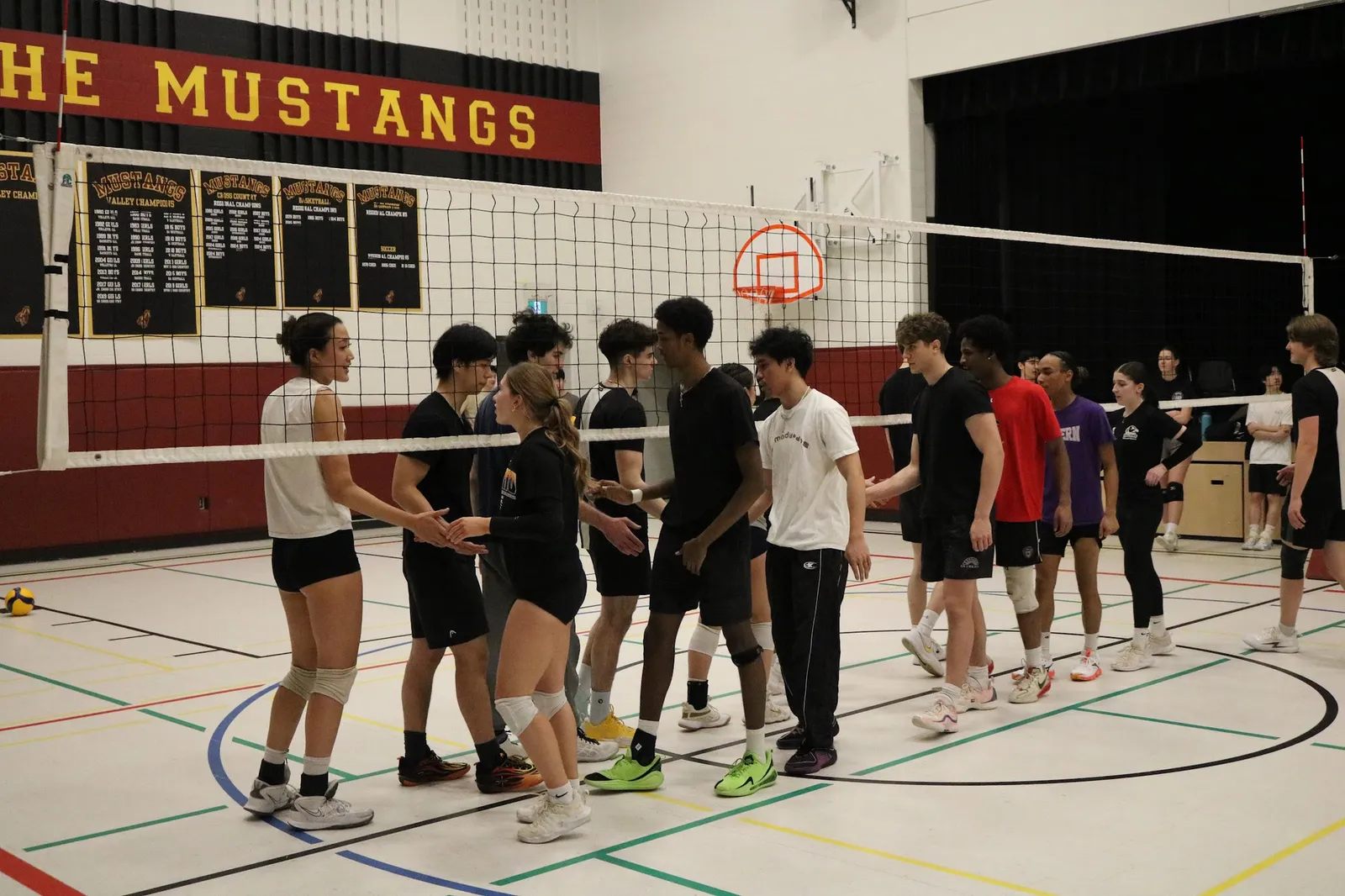 Two teams lining up to shake hands under the net after a game at a Bounce tournament